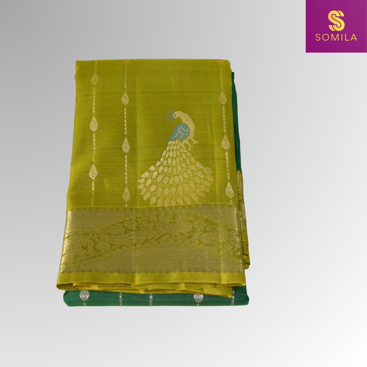 HL-Silk (8) Bottle Green and Lime Green Handloom Silk Saree with Peacock Pallu - Image 1