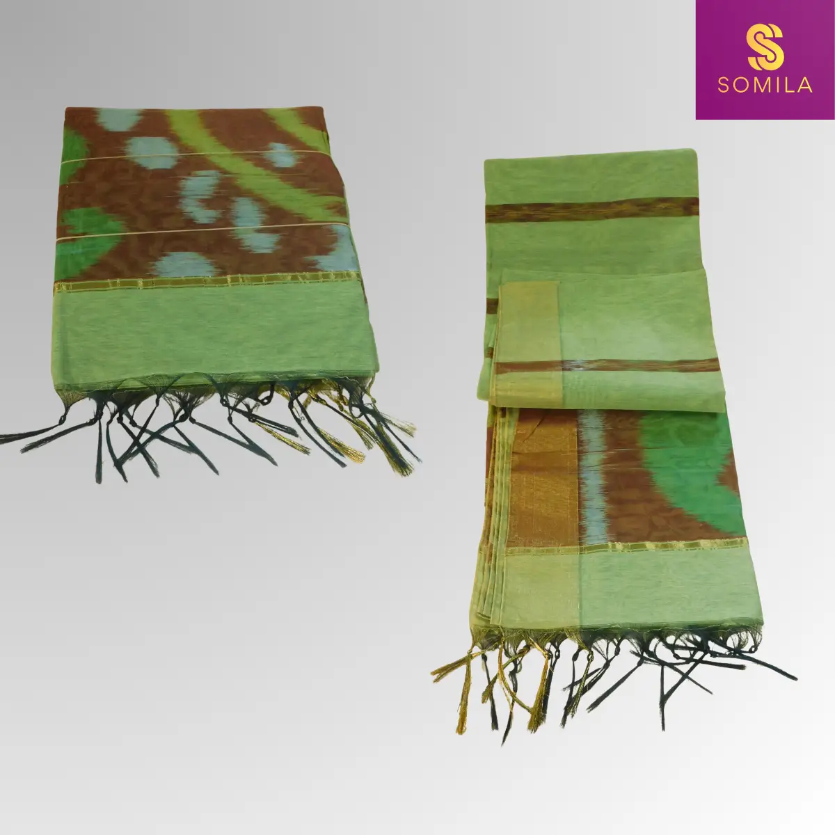 Earthy Green Powerloom Cotton Saree with Abstract Ikat Pallu Earthy Green Powerloom Cotton Saree with Abstract Ikat Pallu