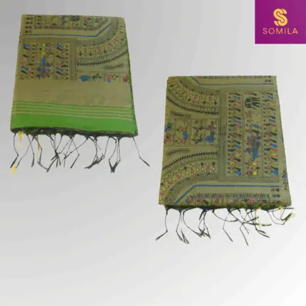 Earthy Green Powerloom Cotton Saree with Folk Art Print