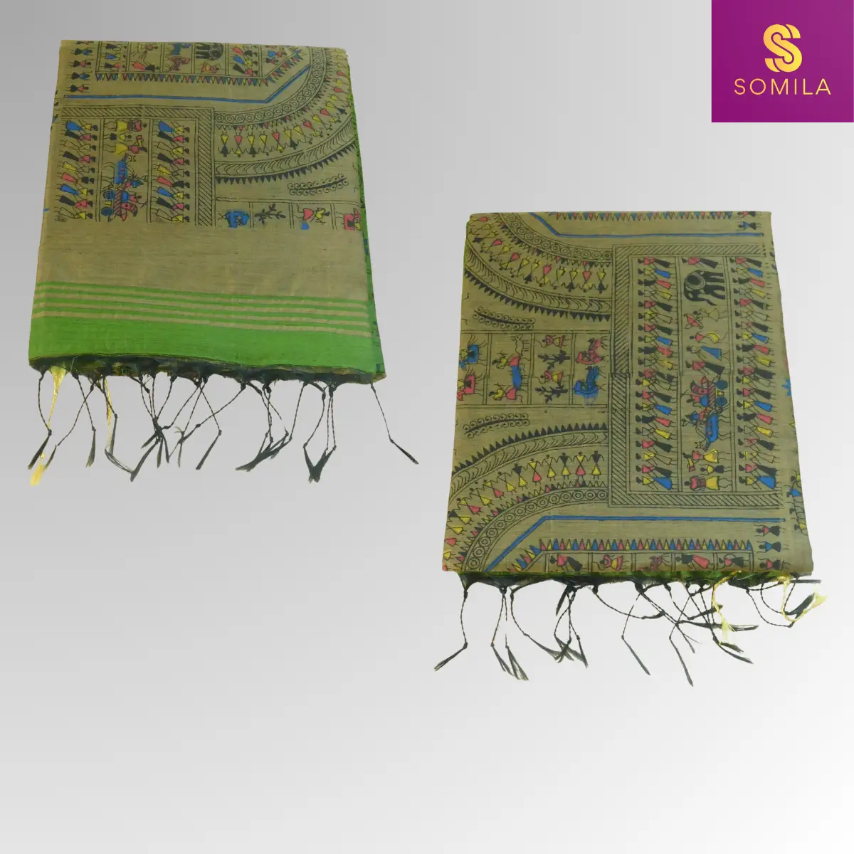 Earthy Green Powerloom Cotton Saree with Folk Art Print Earthy Green Powerloom Cotton Saree with Folk Art Print