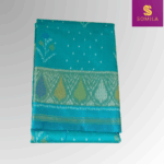 Sky Blue and Teal Powerloom Cotton Saree with Ikat Patterns - Image 2