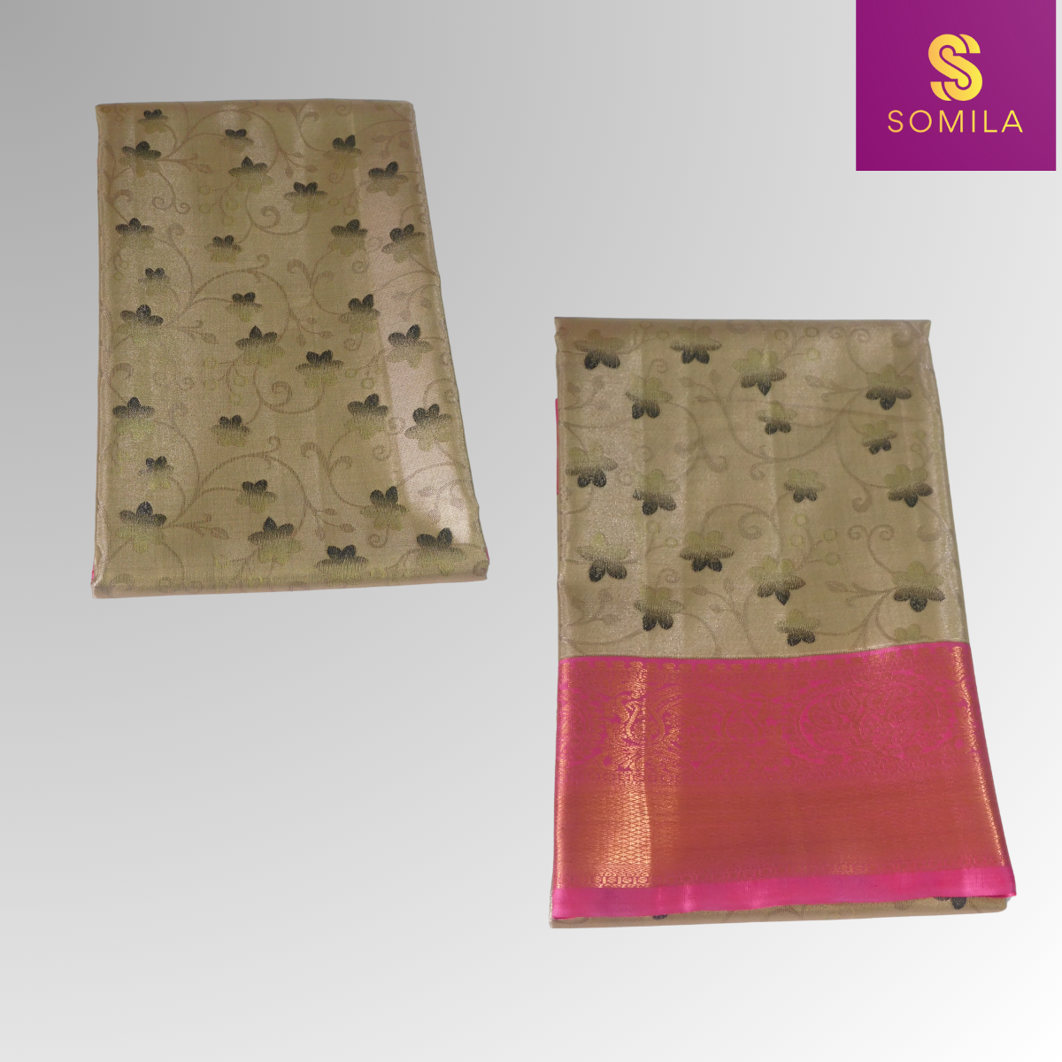 Beige and Pink Powerloom Silk Saree with Floral Butis Beige and Pink Powerloom Silk Saree with Floral Butis