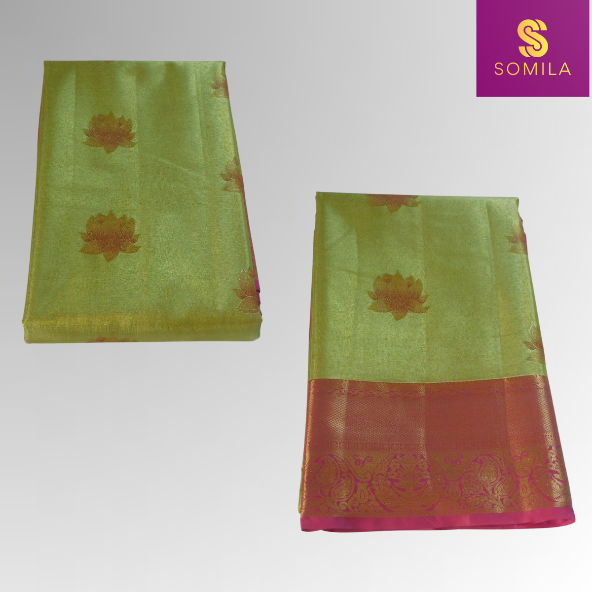 Muted Lime Green Powerloom Silk Saree with Lotus Motifs and Pink Zari Border Muted Lime Green Powerloom Silk Saree with Lotus Motifs and Pink Zari Border