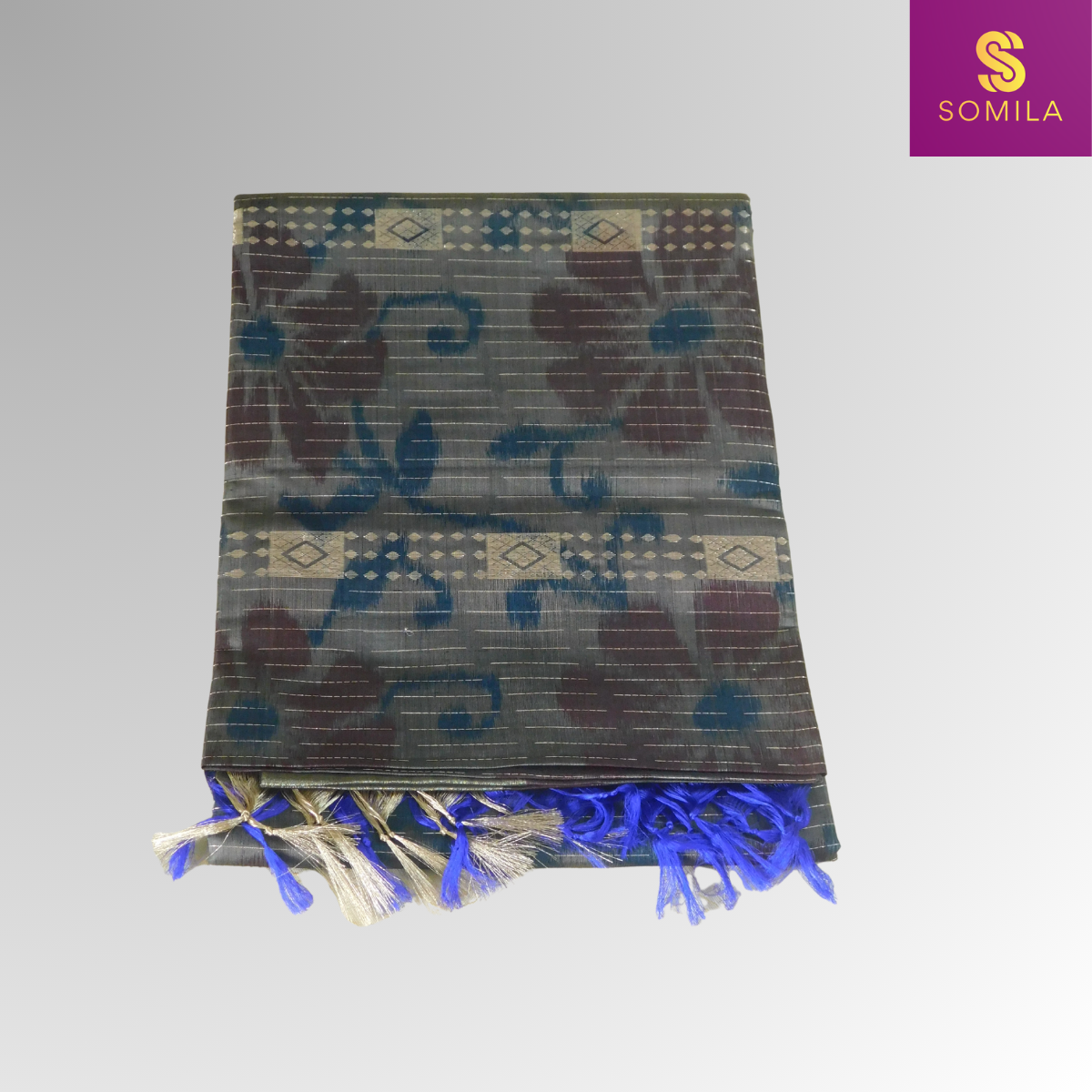 Royal Blue and Silver Powerloom Silk Saree with Floral Brocade Royal Blue and Silver Powerloom Silk Saree with Floral Brocade