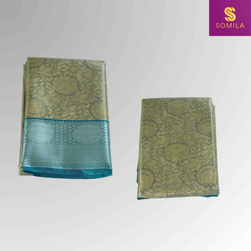 Bronze Pastel and Teal Blue Powerloom Silk Saree with Floral Brocade