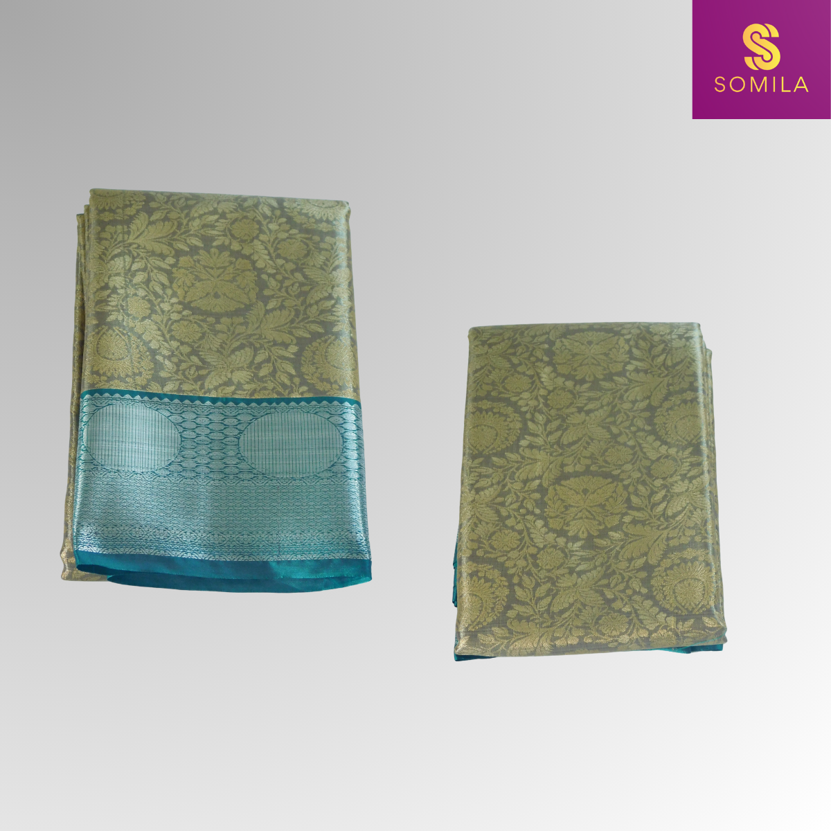 Bronze Pastel and Teal Blue Powerloom Silk Saree with Floral Brocade Bronze Pastel and Teal Blue Powerloom Silk Saree with Floral Brocade